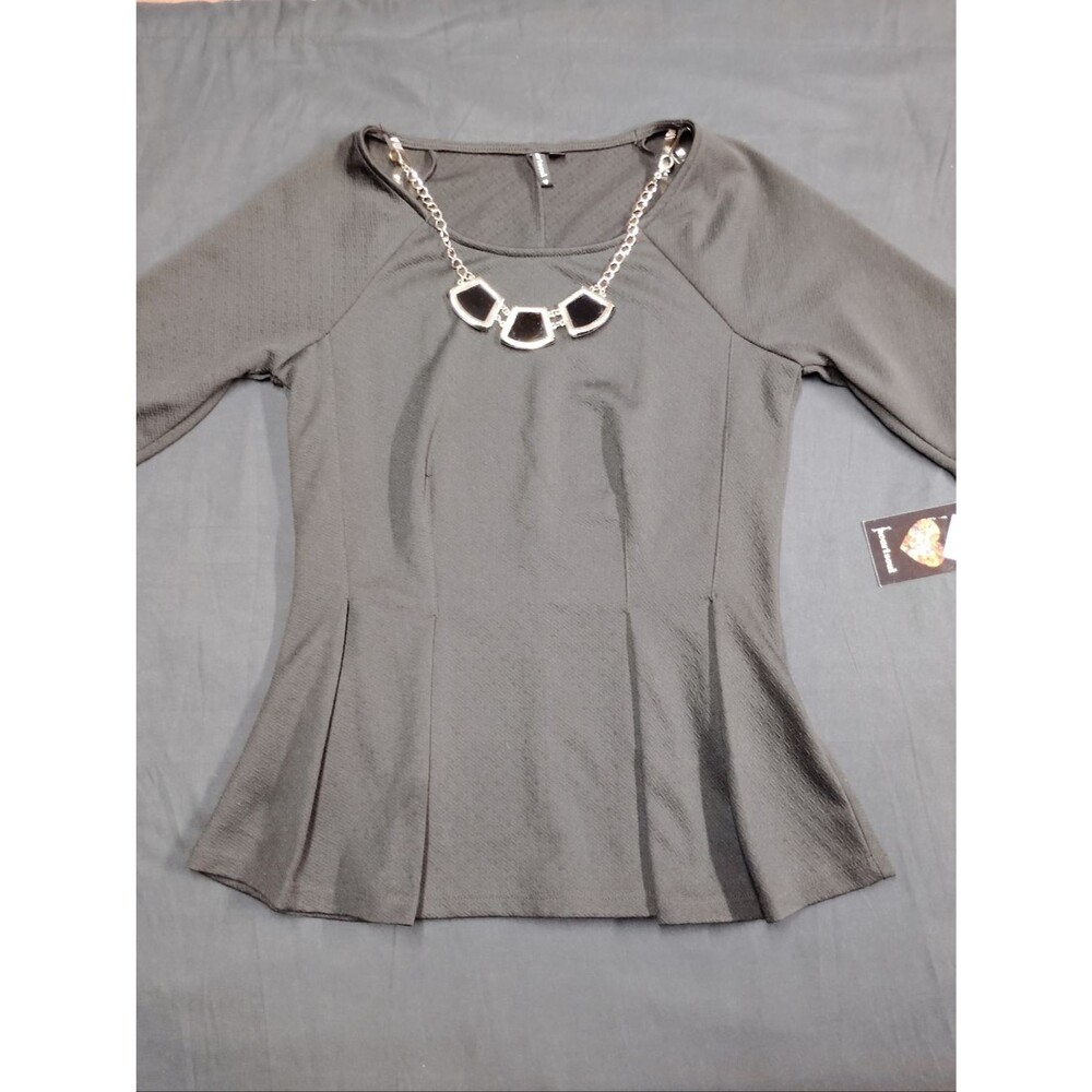 Heart Soul Black Peplum Half-Sleeve Top with Gold and Black Necklace Chain NWT